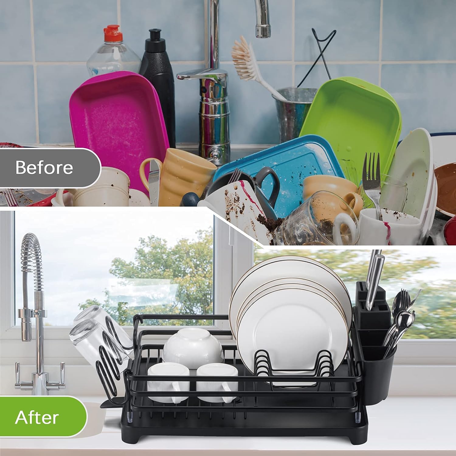 Luling Aluminum Dish Drying Rack, Rustproof Sink Dish Rack and Drainboard Set, Dish Drainer with Adjustable Swivel Spout, Removable Utensil Holder and Drainboard - Black -