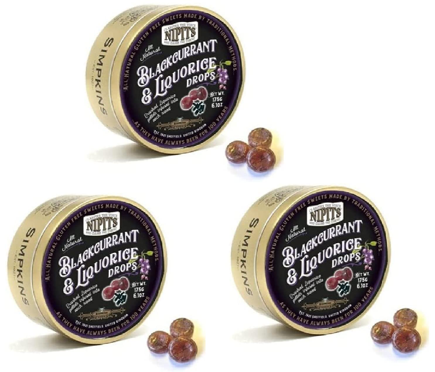 Simpkins Nipits Blackcurrant & Liquorice Drops 175g (6.17 Ounce) Tin - 3 pack