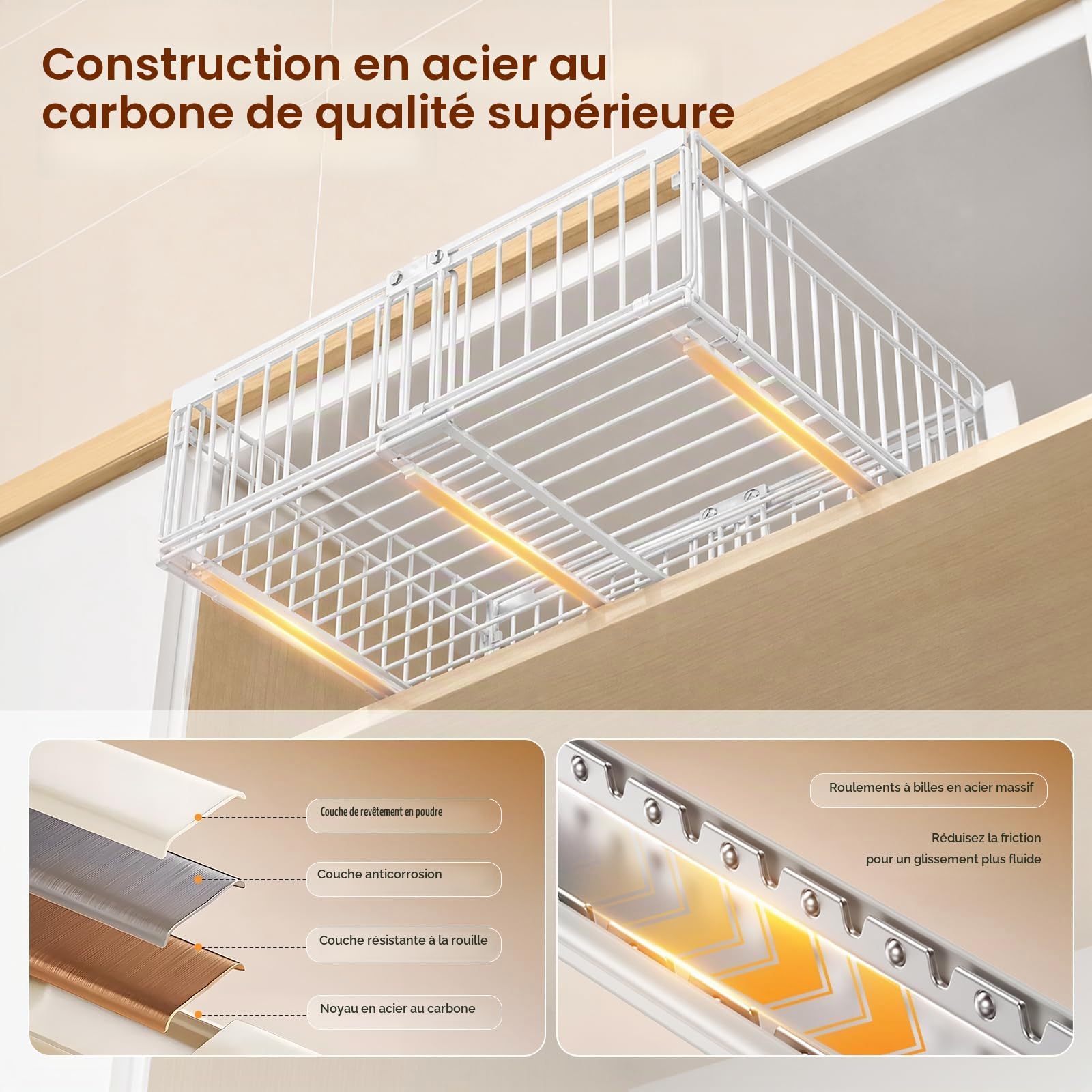 Lot 2 Tiroir Coulissant Cuisine, Extensible 30-51cm,Aucun PerçAge | 30-51cm L x 40cm P x 17cm H Adhesif Tiroirs Coulissant Acier Carbone, Organisateur de Tiroir Coulissants Placard Cuisine