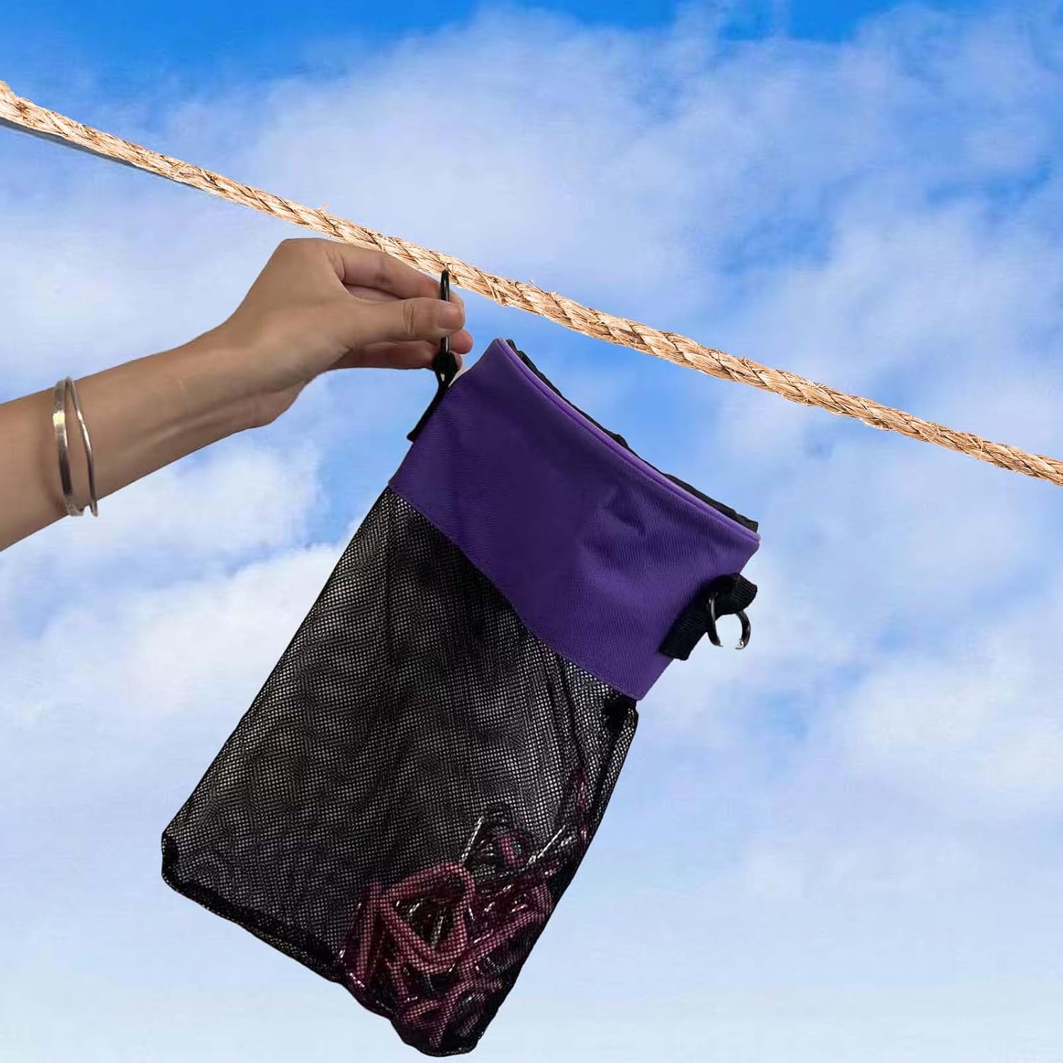 Mesh Clothespin Bag with Drawstring, Hanging Laundry Pin Storage Organizer, Hook Included, Machine Washable Polyester – 1 Pack(Purple)