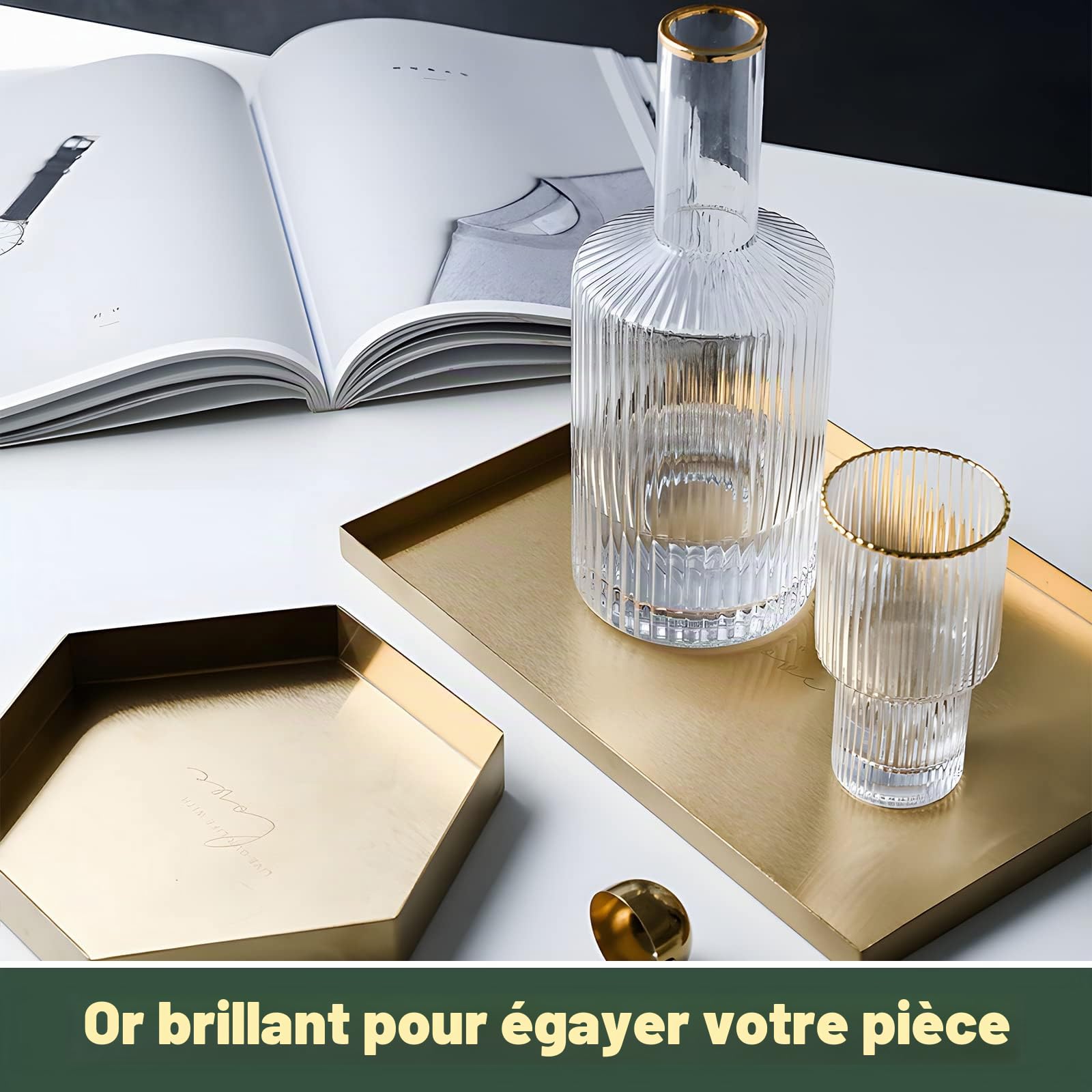 Plateau de Rangement Décoratif en Acier Inoxydable, Plateau Salle de Bain en Métal Rectangle Doré, Vaisselle de Cuisine pour Bijoux, Maquillage, Articles de Toilette, 30 x 20 cm