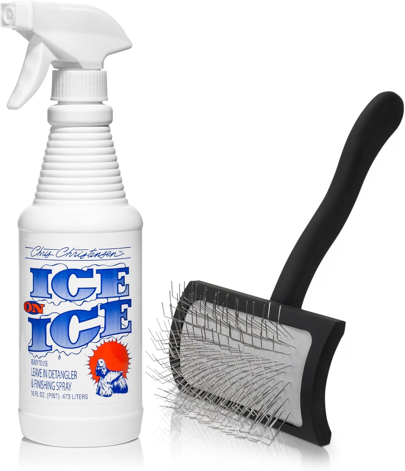 Chris Christensen Detangle and Finishing Spray + Dog Brush Bundle: Ice on Ice Detangler & Finishing Spray- Adds Elasticity & Strength + Big K Slicker Medium Brush- Fluff Detangle
