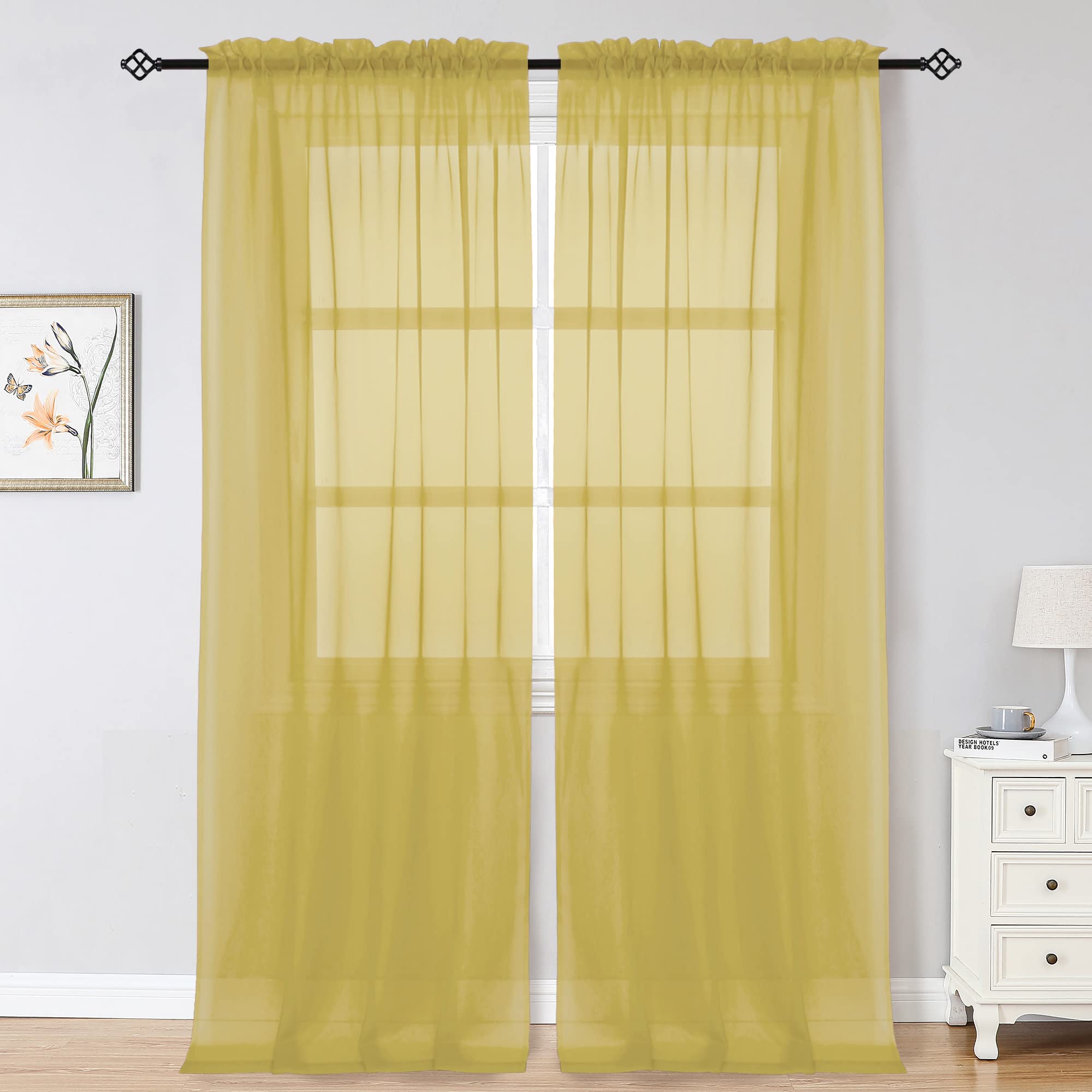 Gold Sheer Curtains 96 Inch Length 2 Panels Set, Elegant Sheer Curtains for Bedroom, Window Voile Sheer Curtain Panels/Drapes/Treatment for Living Room, 2Pcs, Total 84“ Wide