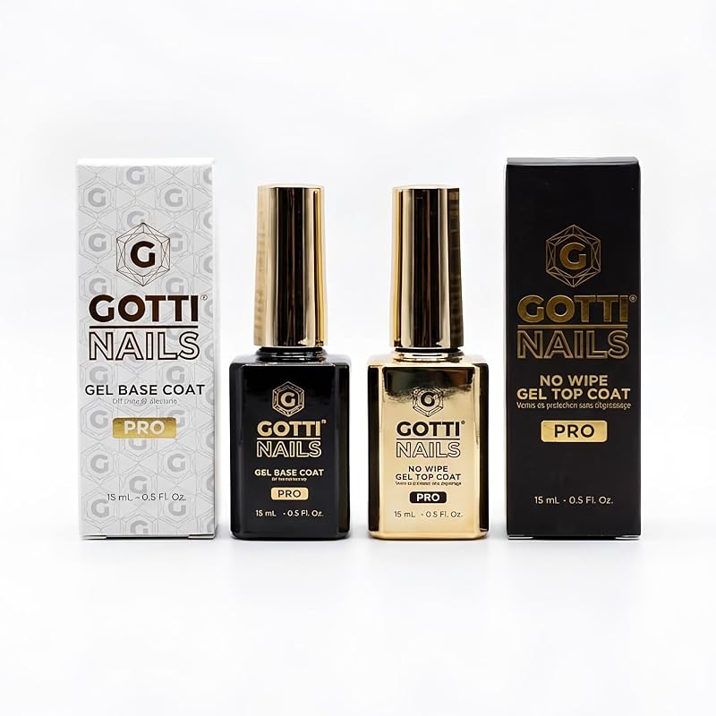 Gotti Nails 2 Pack Gel Base and No Wipe Gel Top Coat, High Gloss Shine, Non-Yellowing & Stain Resistant, Clear UV/LED finish Duo