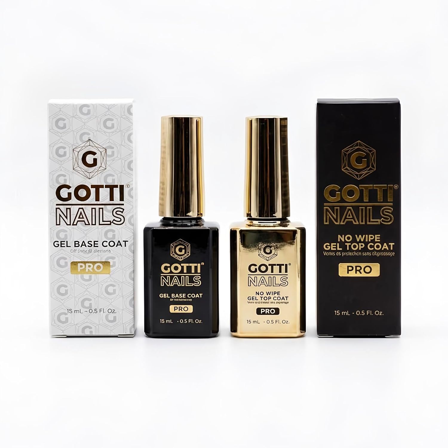 Gotti Nails 2 Pack Gel Base and No Wipe Gel Top Coat, High Gloss Shine, Non-Yellowing & Stain Resistant, Clear UV/LED finish Duo