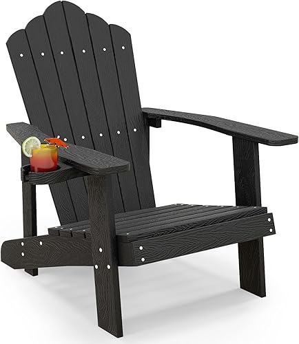 Tangkula Silla Adirondack de gran tamaño, sillas de patio con soporte ajustable para tazas, sillones con caderas y listones, resistente a la