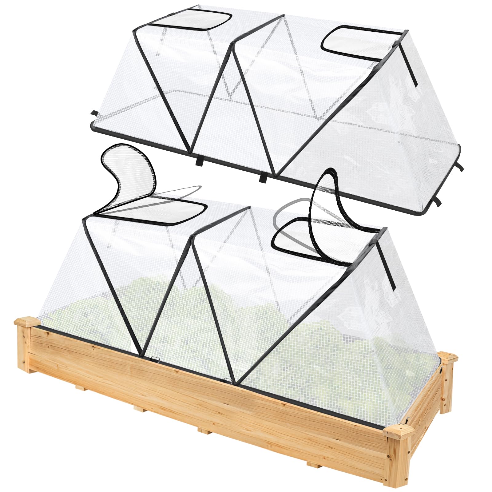 Photo 1 of 2Pack Foldable Garden Plants Covers with Two Dual Layer Skylights, 47.2" X 14.2" X 13" Raised Bed Greenhouse Cover, Garden Frost Protection for Vegetable Flower Fruits from Animals, Include 16 Stakes