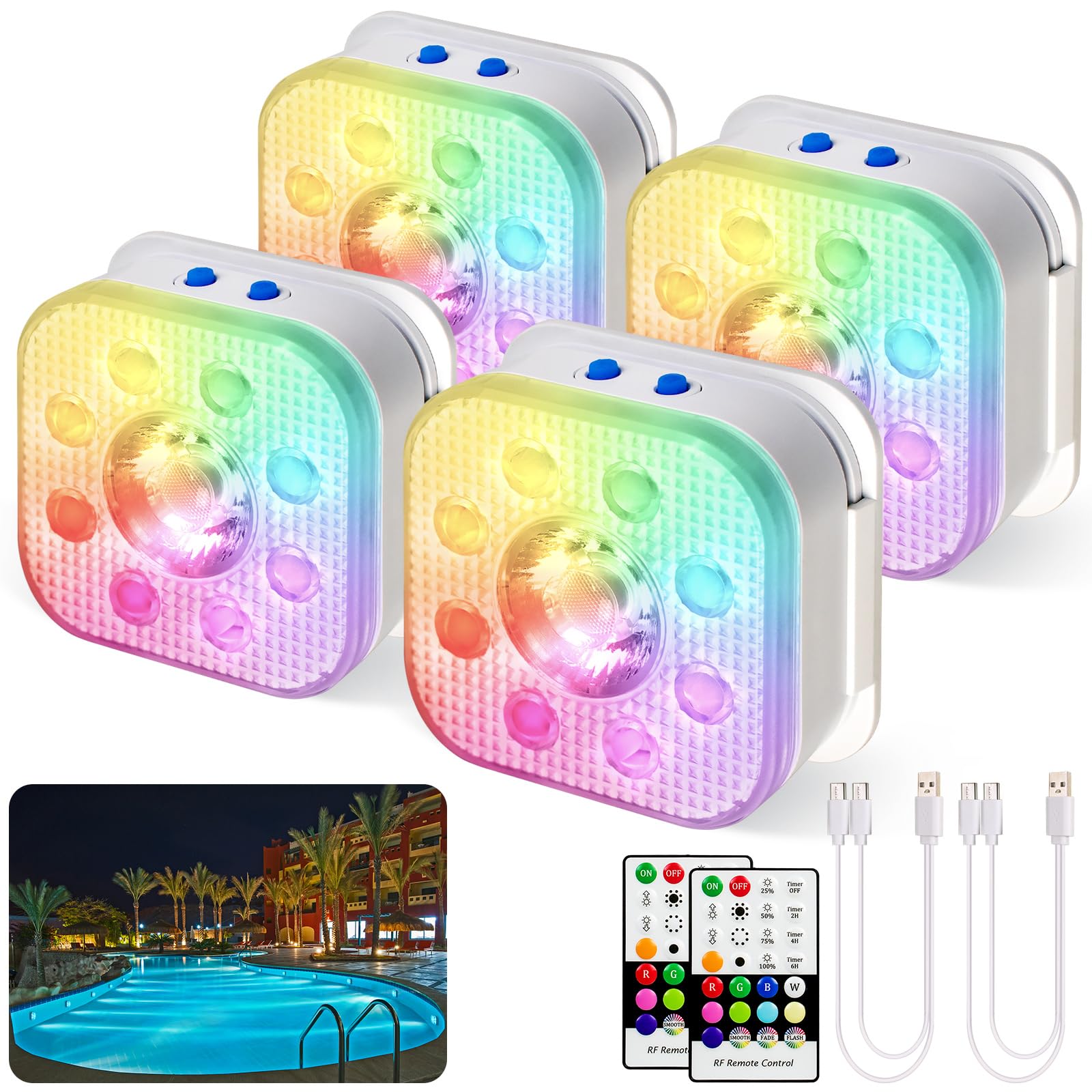 HL Pool Lights,Rechargeable Submersible LED Lights with Remote,Waterproof Magnetic Floating Light,Underwater Battery Spotlight for Above Ground/Inground Swimming Pools,Hot Tubs,Fountains-4 Pack