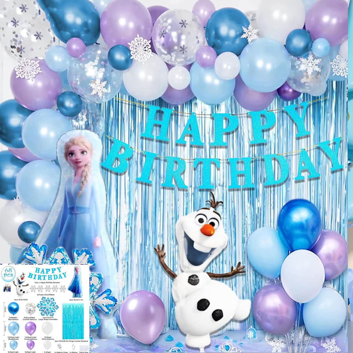 68pcsアナと雪の女王 アナ雪 キャラクター 誕生日飾り付け バースデー飾り キャラクター風船 バルーン HAPPY BIRTHDAYバナー ケーキトッパー ステッカー 子供 誕生日お祝い