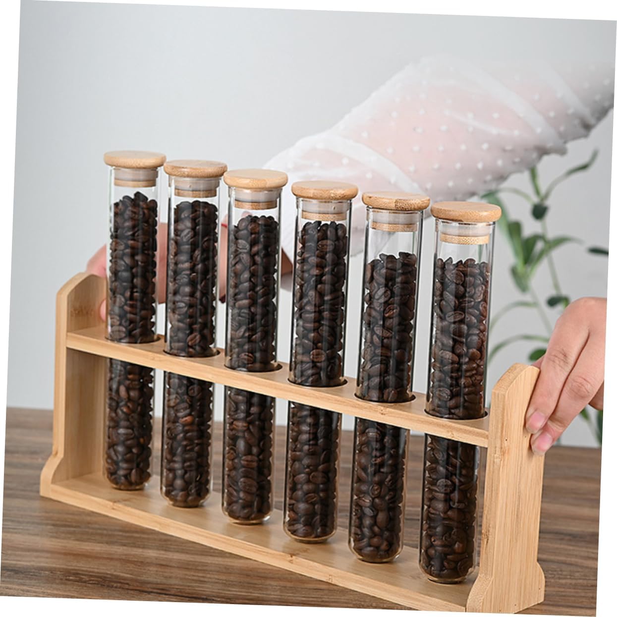 Coffee Bean Storage Tubes with Lids Wooden Display Stand for Stylish Organization for Coffee Lovers Space-saving Test Tube Design Glass and Construction