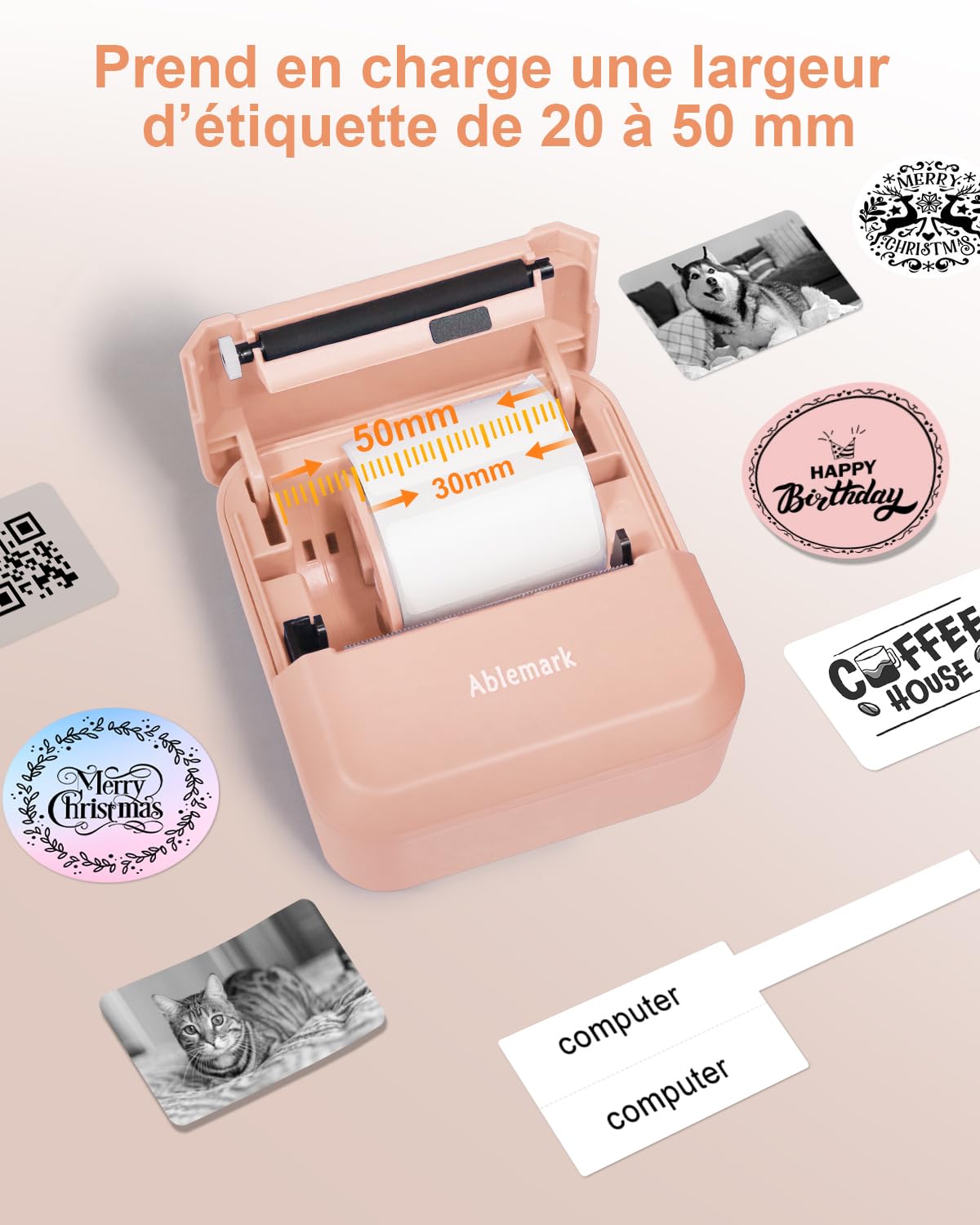 Mini Imprimante Thermique Portable Bluetooth sans Encre, Étiqueteuse Autocollante 1 Rouleau (12-50mm)