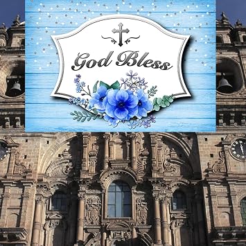 Blue God Bless Baptism Party Backdrop Banner Decorations,First Holy Communion Party Baby Shower Backdrop Background Banner Photo Booth Props Cake Table Decorations 71 x 49 inch