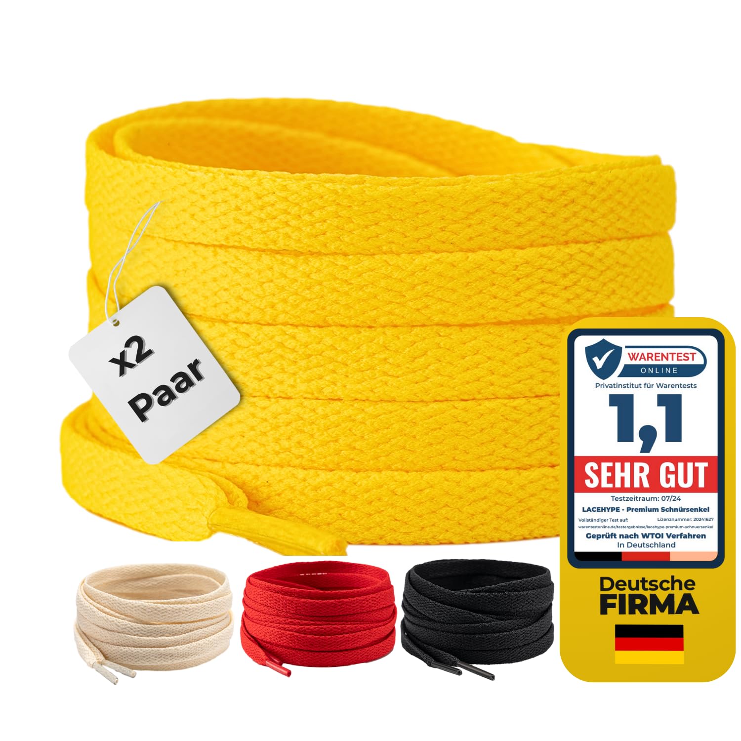 LaceHype 2 Paar - Schnürsenkel falch reißfeste Schuhbänder [8 mm breit ] LC3 Ersatz Shoelaces aus Polyester für Sneakers, Sportschuhe, Laufschuhe, Turnschuhe (Gelb, 165cm)