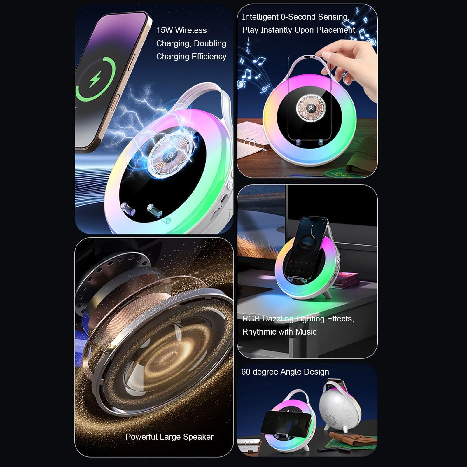 Supporto del sensore del cellulare RGB di ricarica rapida 'altoparlante audio di induzione | Supporto per altoparlante wireless per casa, ufficio, camera da letto, appartamento, dormitorio, comodino