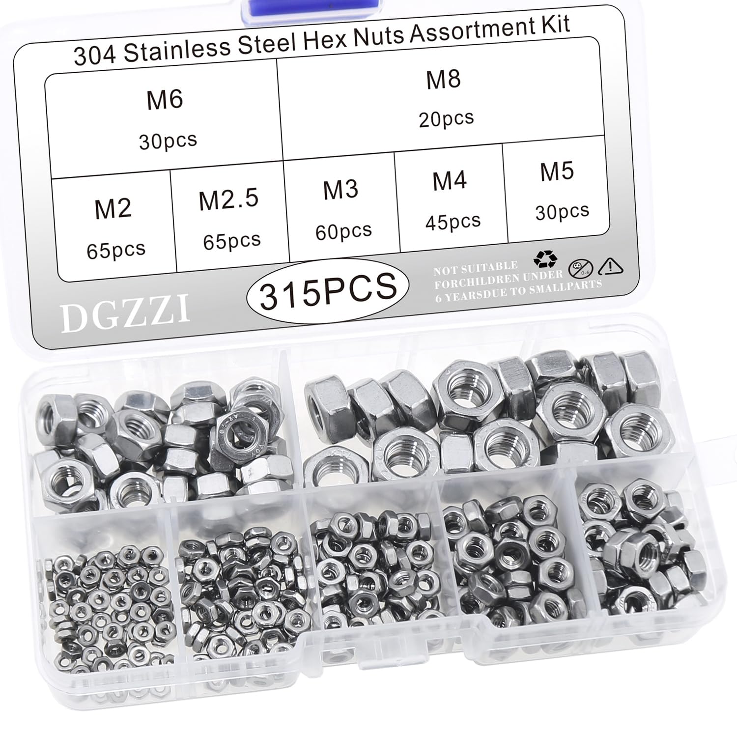 DGZZI 315PCS Replacement Fastener Hexagonal Nut Kit 304 Stainless