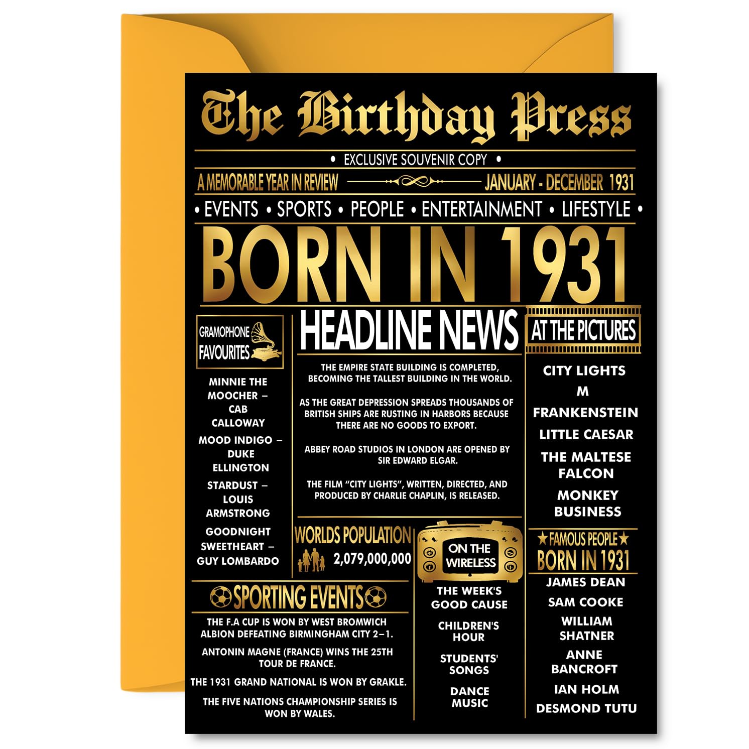 Gold 95th Birthday Card for Men Women - Black & Golden Newspaper Born in 1931 - Happy 95 Birthday Cards for Auntie Nanny Uncle Grandma Husband Dad, 5x7 Inch Bday Greeting Cards