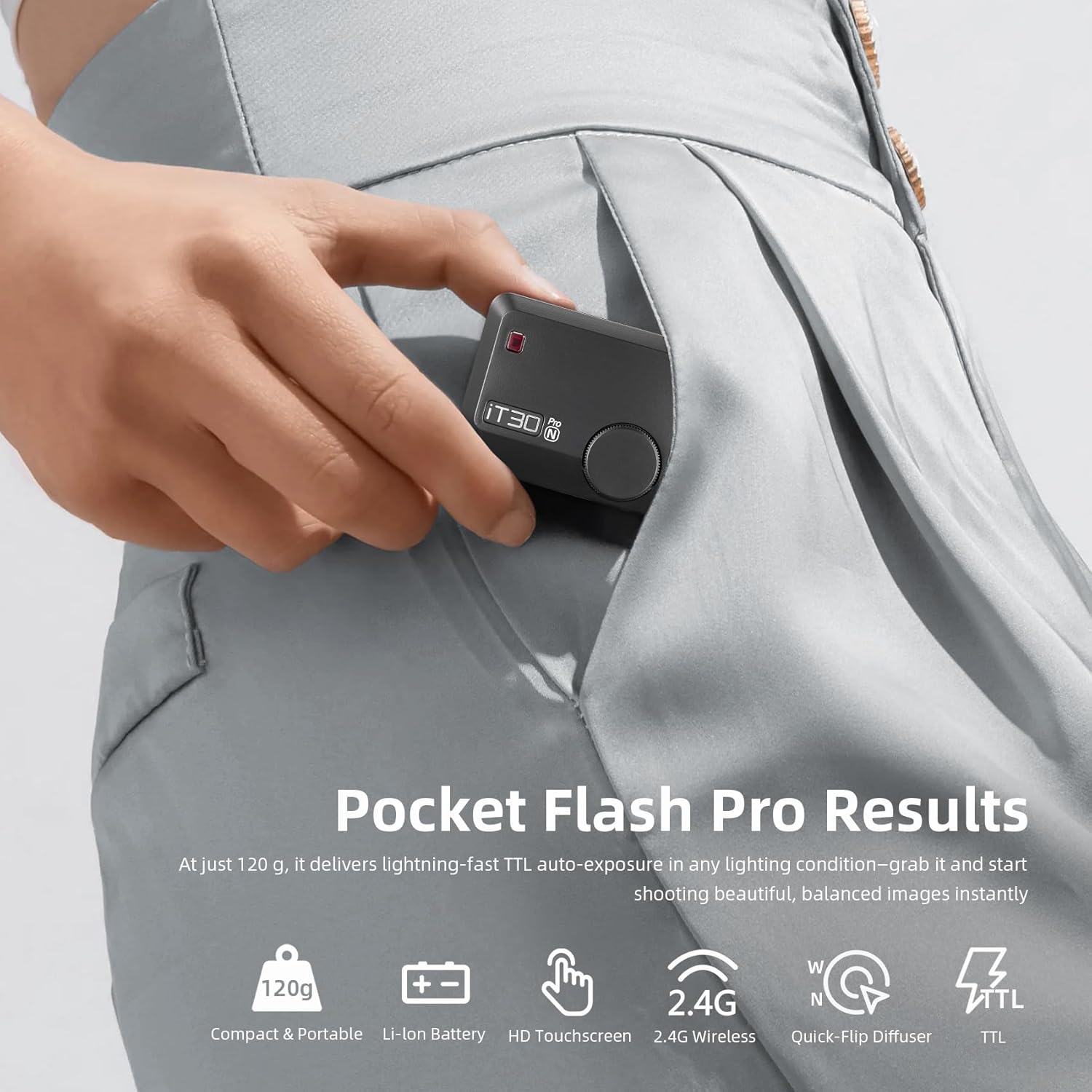 Godox iT30Pro-N Pocket TTL Flash for Nikon Camera: 2.4G Wireless+Touchscreen (Equivalent to Built-in X3 Trigger), Li-ion Battery, HSS 1/8000s, 560 Flashes, Built-in Diffuser for Portrait Photography