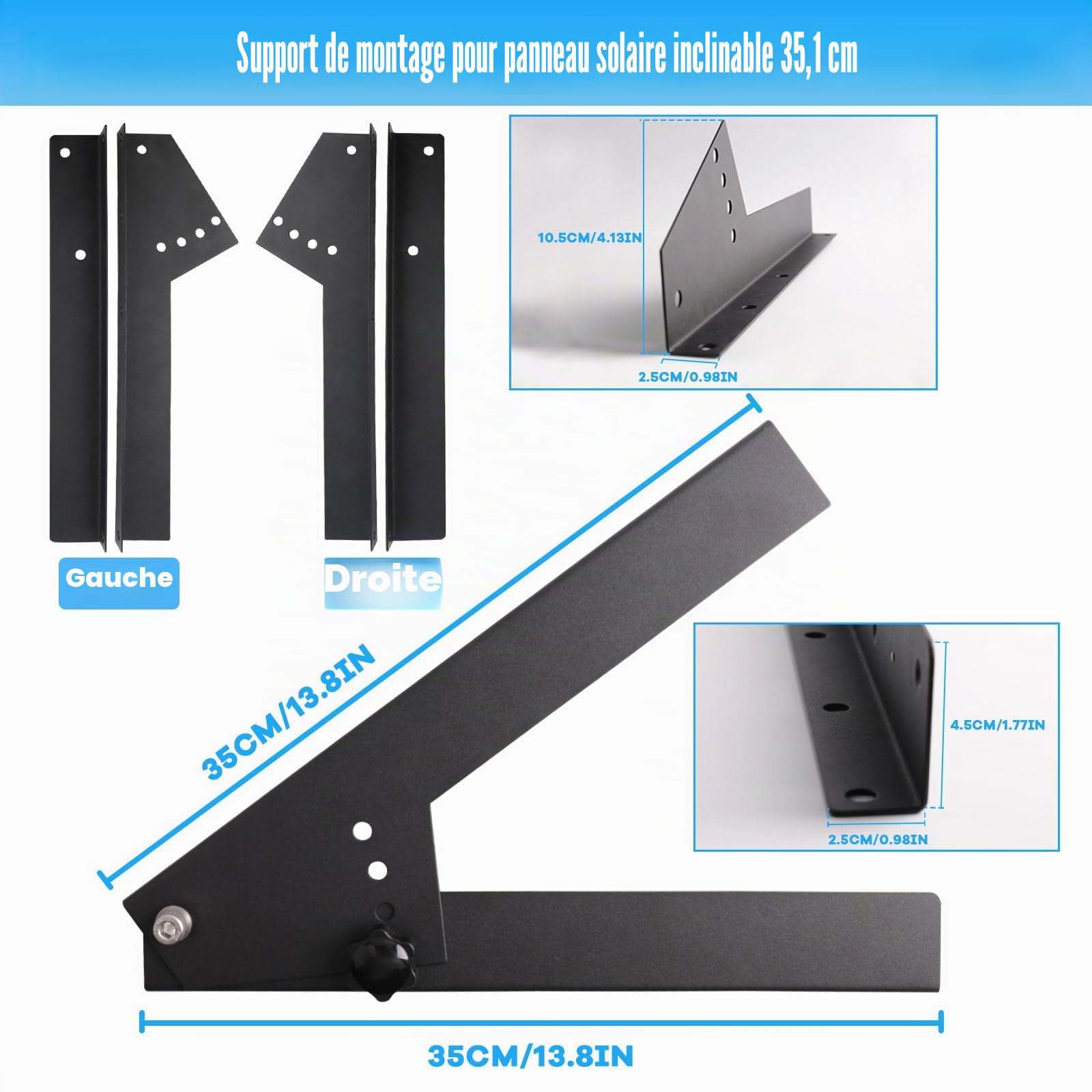 Support de panneau solaire, support de panneau solaire, angle réglable de 13,8 pouces (0 à 45 degrés), support de toit pour panneau solaire, peut être utilisé pour les caravanes, les murs et les toits