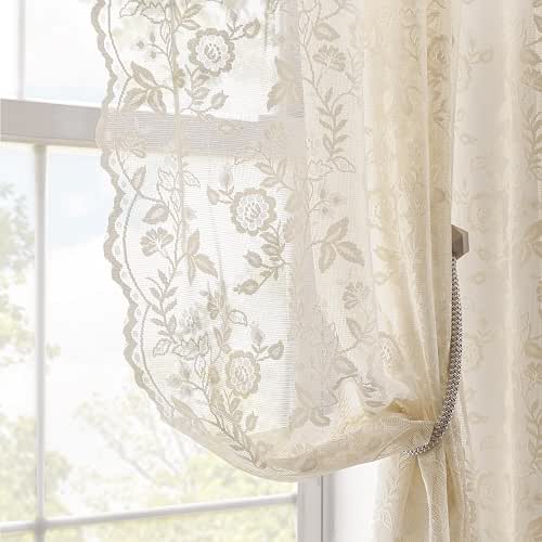 FINECITY Short Beige Lace Curtains Rustic Leaf Floral W42xL36 Inch