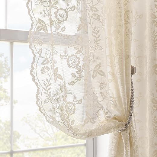Beige Lace Curtains 63 Inch Length 2 Panels Set Rustic Leaf Floral Patterned Farmhouse Vintage Lace Sheer Curtains for Bedroom Dining Room, Rod Pocket Privacy Window Sheer Lacy Curtains, 42 x 63 Inch