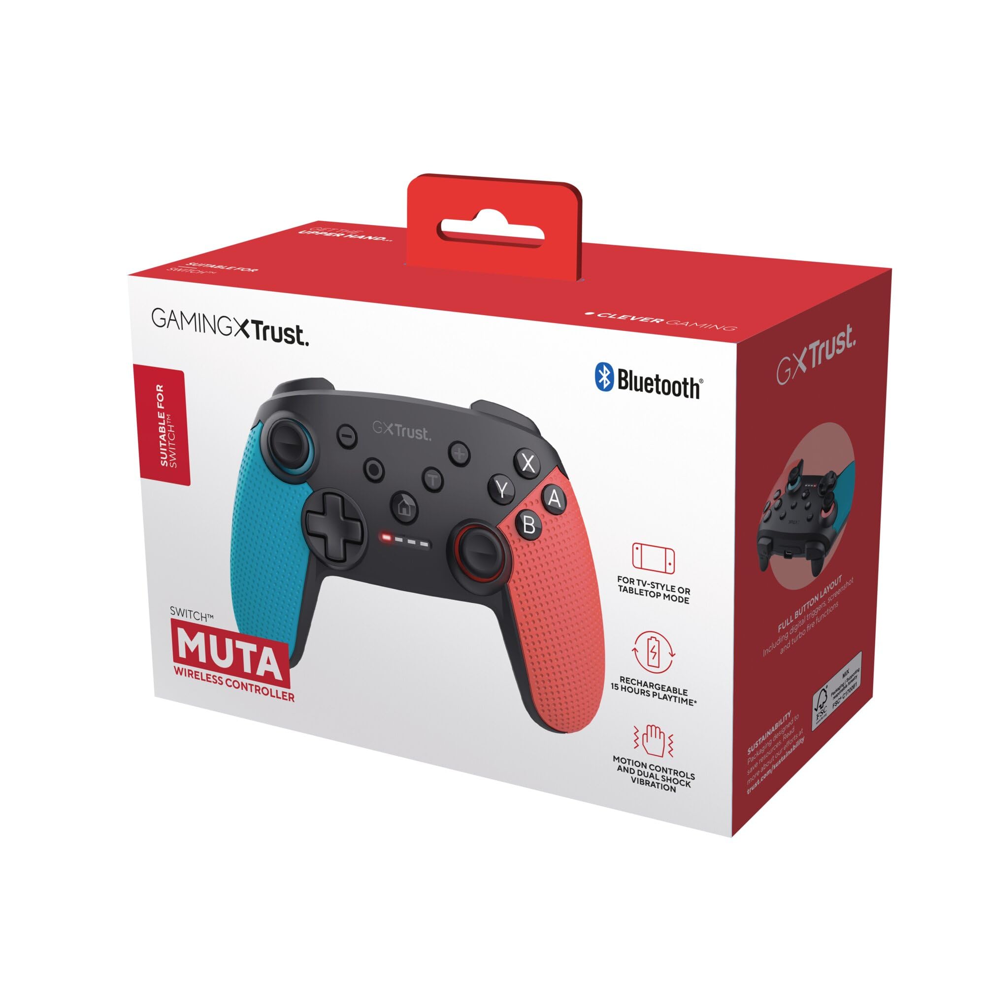 Trust Gaming GXT 1246B Muta Bluetooth Nintendo Switch Controller, Gaming Controller mit Play-and-Charge-Kabel, Dual-Shock-Vibration, 15h Spielzeit, Aufladbarer Akku, für Switch Lite, OLED, Blue Rot