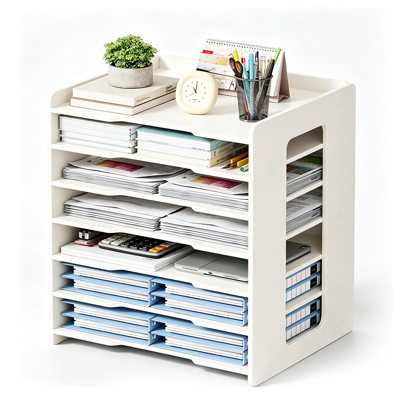 Organizador De Papel A3 Extragrande Con 7 Compartimentos – Estante Para Carpetas De Escritorio Blanco, Organizador De Bandejas Para Papel Para Oficina Y Escuela, Revistero Y Archivador.