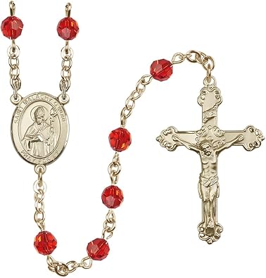 Bonyak Jewelry 14k Gold-Filled 6mm Austrian Crystal Saint Malachy OMore Rosary - July Red