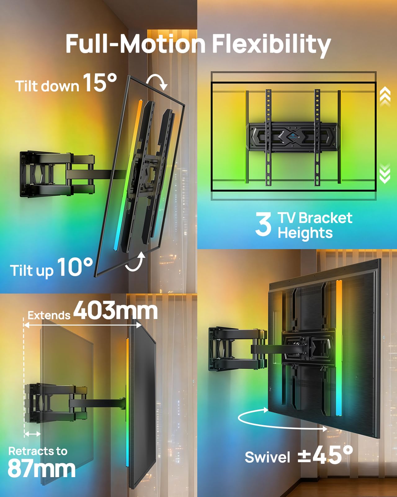 PERLESMITH TV Wall Bracket with LED Lights for 26-70" TVs up to 45kg, Full Motion Dual Arm TV Wall Mount with Swivel Tilt Extend, TV Backlights with Music Sync, Max VESA 400x400mm — view 6