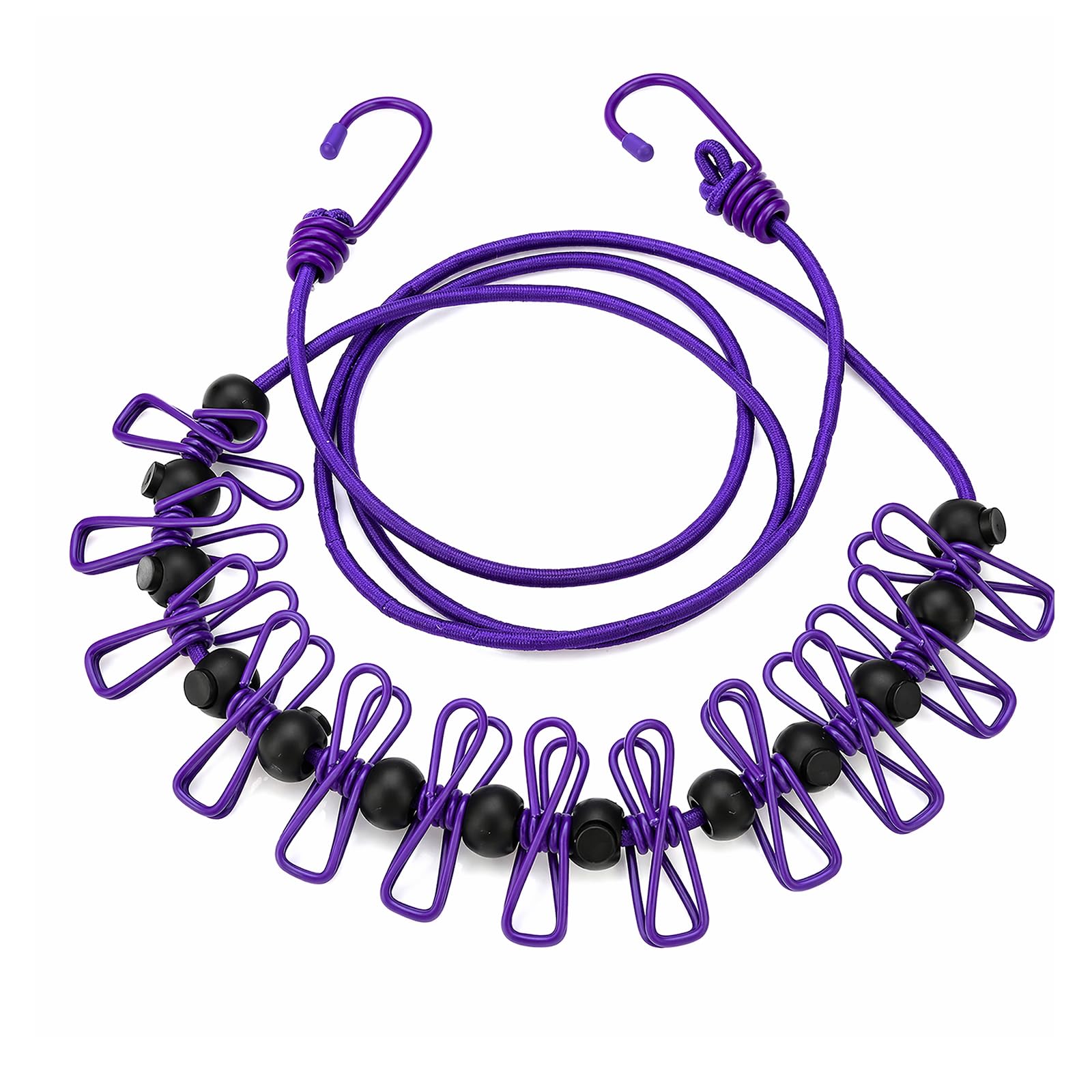 Merzio Purple Travel Washing Line, Portable Retractable Clothes Line with 12 Pegs and Positioning Beads, Elastic Camping Clothes Line, No Drill Washing Line for Holiday Essentials, Caravan,Outdoor
