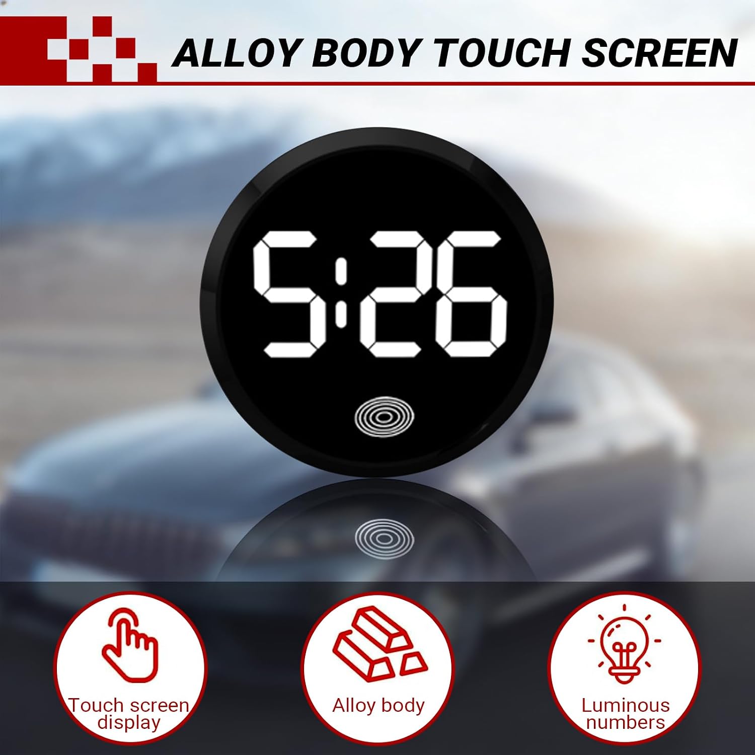 Dashboard Car Digital Clock, Stick On LED Touch Activated Round Clock, Alloy Luminous Interior Watch Accessories, Fit for Cars, E-bikes, Study Desks (White) image 3