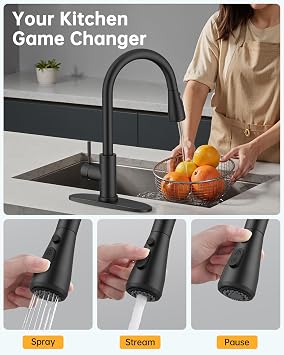 Hiqufet Kitchen Faucet, Pull Down Sprayer, Deck Plate, Matte Black | Easy Install, 360 Swivel, 3 Modes, High Arc Spout, Fits 1- or 3-Hole Sinks, SUS304 Stainless Steel