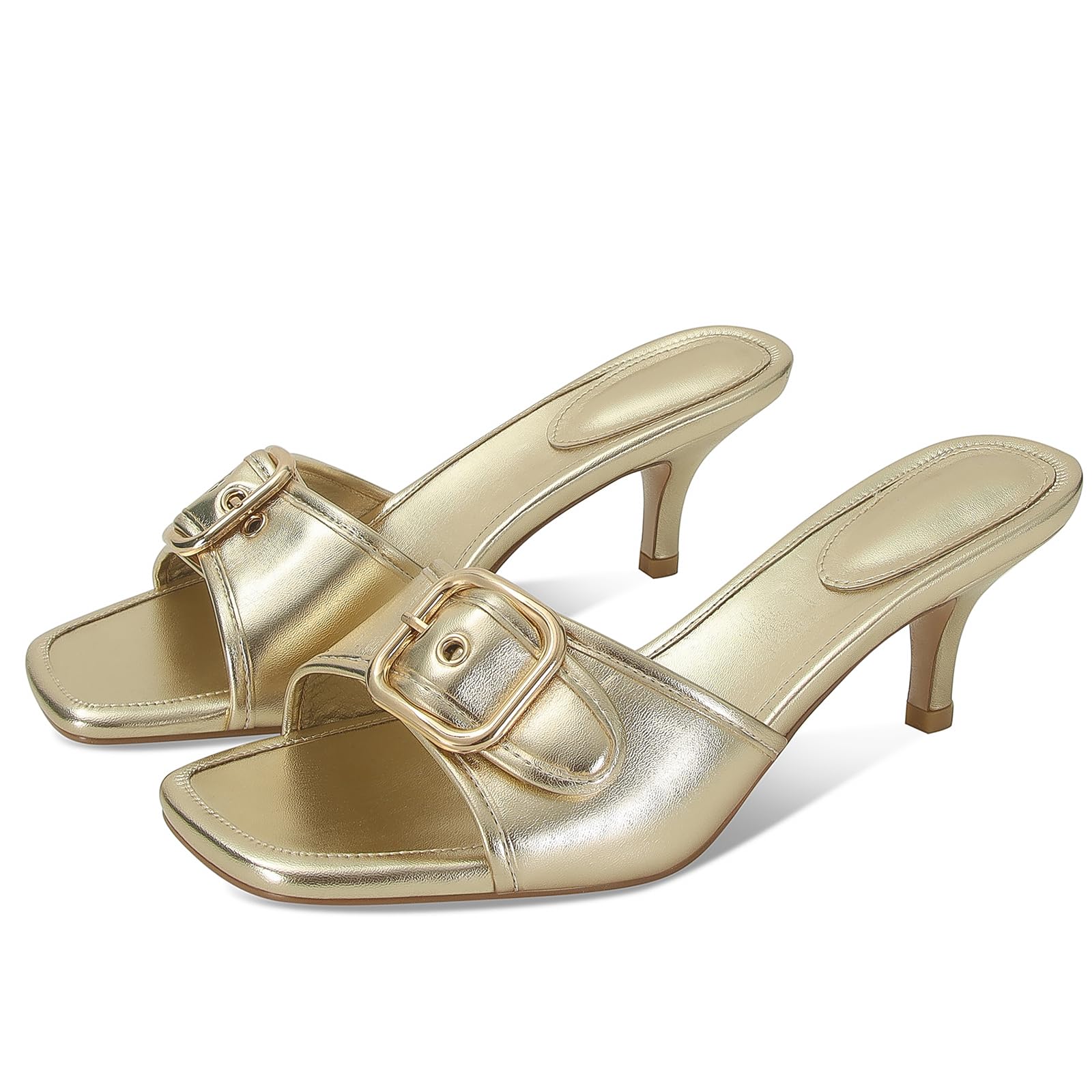 Dsevht Black Kitten Heel Sandals Stiletto Low Heels Slip On Slides Mule Sandal Square Open Toe Dress Shoes for Women