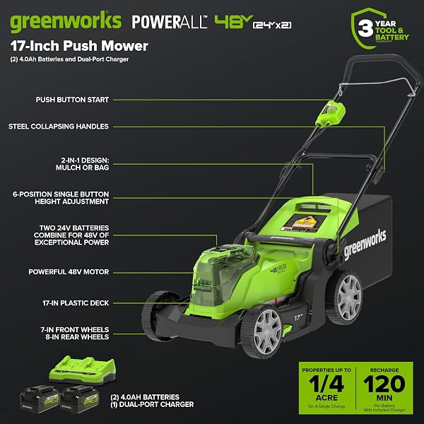 Greenworks Greenworks 48V 17" Lawn Mower, 2 x 24V 4Ah Batteries and Dual Port Charger Included, MO48B2210, Green in use