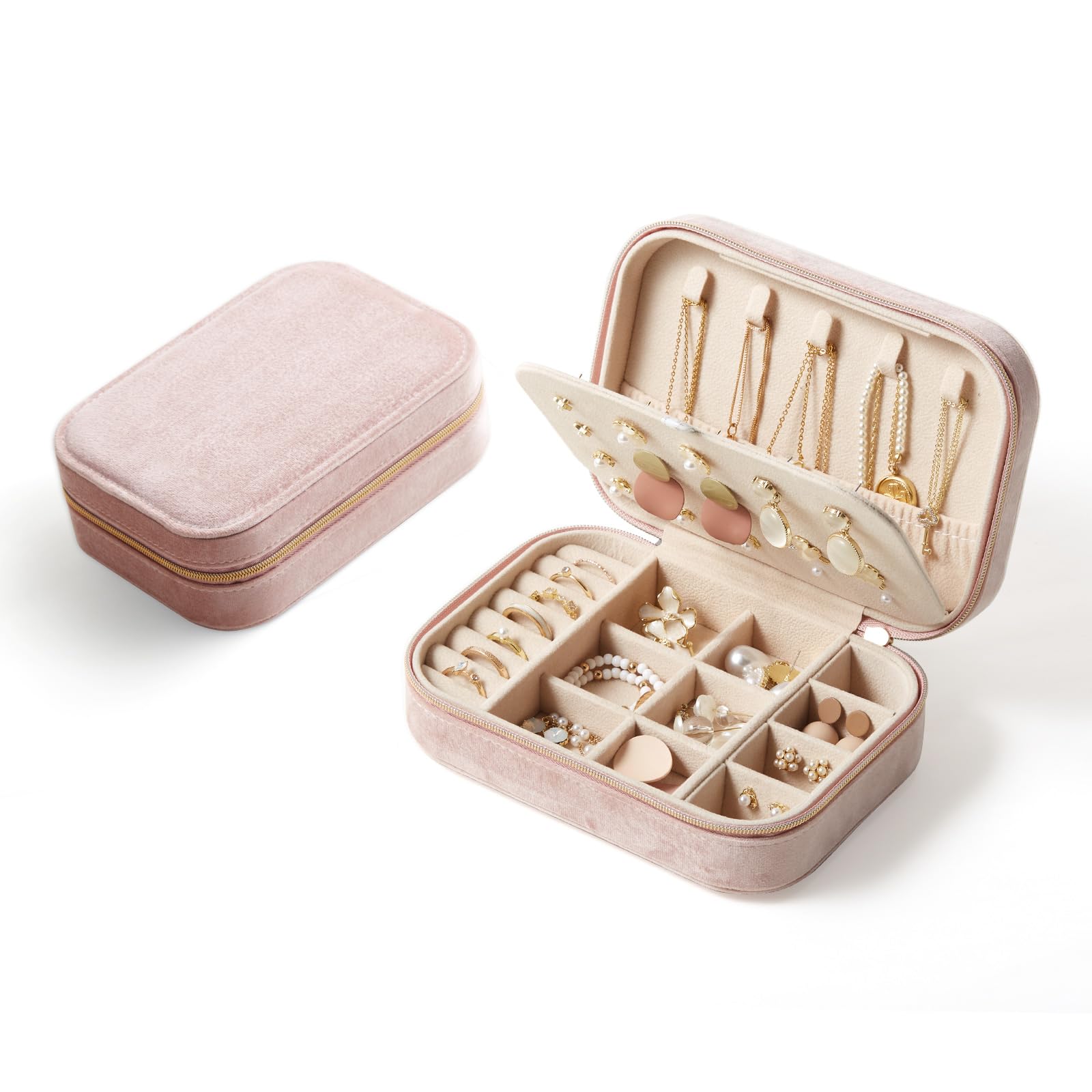 CASEGRACE Reise-Schmuckschatulle aus Plüschsamt, tragbarer Schmuckkoffer für Frauen und Mädchen, doppellagiger Schmuck-Organizer für Halsketten, Ohrringe, Ringe, Armband, Reisezubehör, Geschenke, grau