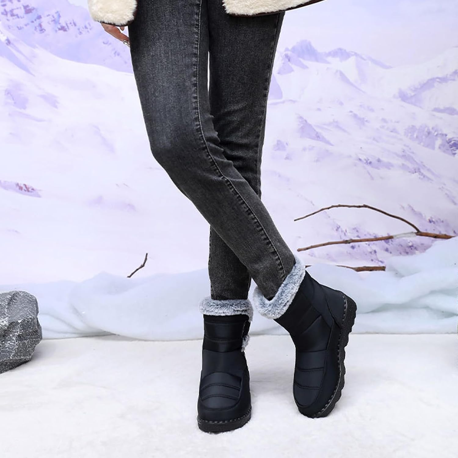 Winter Snow Boots For Women Warm Fur Lined Mid-Calf Boots With Hoop-Look Waterproof Fur Fuzzy Thermal Non Slip Outdoor Booties