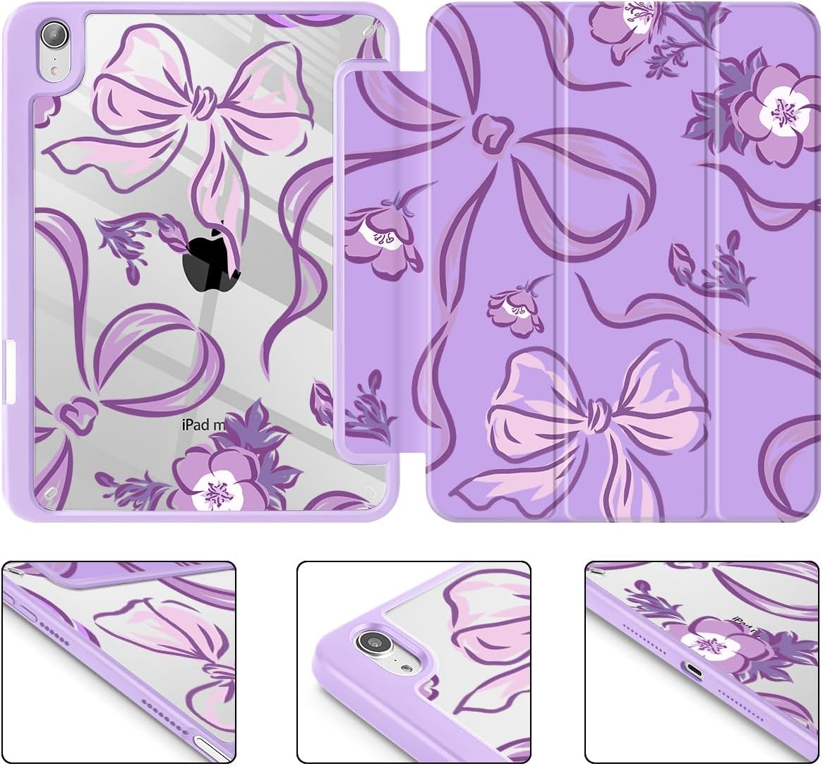 Mektron Printed Case for iPad mini 7 (A17 Pro) 2024/ Mini 6 2021, iPad mini 7th/6th Generation 8.3-inch Liquid Retina Display Cover, Buit in Pencil Holder with Clear Back Shell, Flowers-Bows-Purple