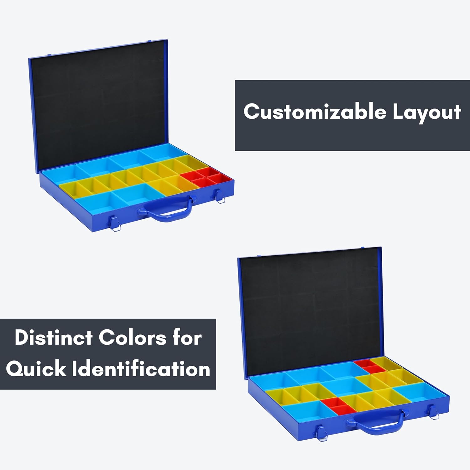 Metal Screw Organizer Box - Nut and Bolt Organizer and Storage with 20 Removable Color-Coded Compartments for Easy Sorting and Customization - High Strength Steel Tool Box in Blue