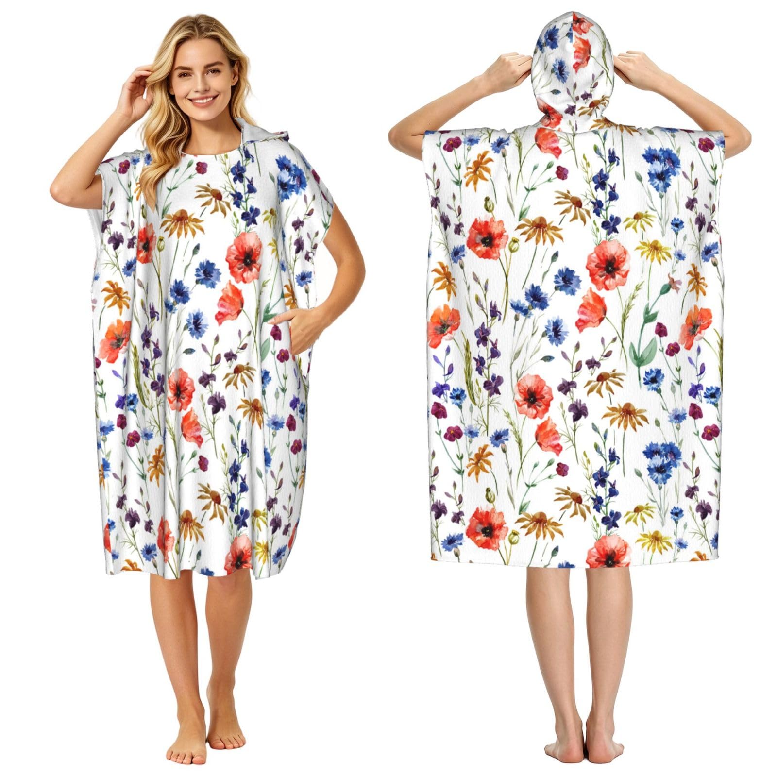 Poadnly Wild Flower Poppy Chrysanthemum Daisies, Adult Hooded Beach Towel 90 x 110 cm,Changing Bath Robe, Surf Poncho Towel For Women Men