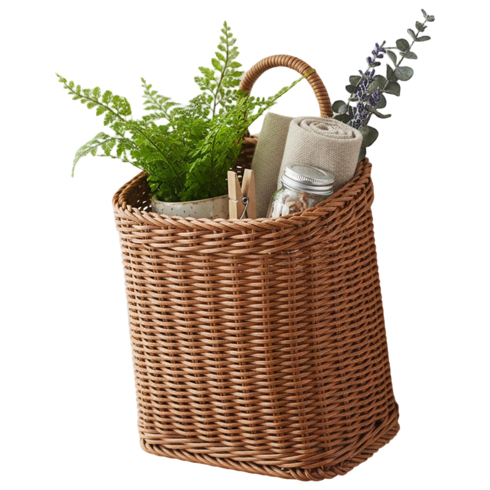 Syglawnd Hanging Wicker Basket, Wicker Hanging Basket Woven Wall Baskets for Front Door Wall with Handle for Flowers, Small Plants, Farmhouse & Garden Decor