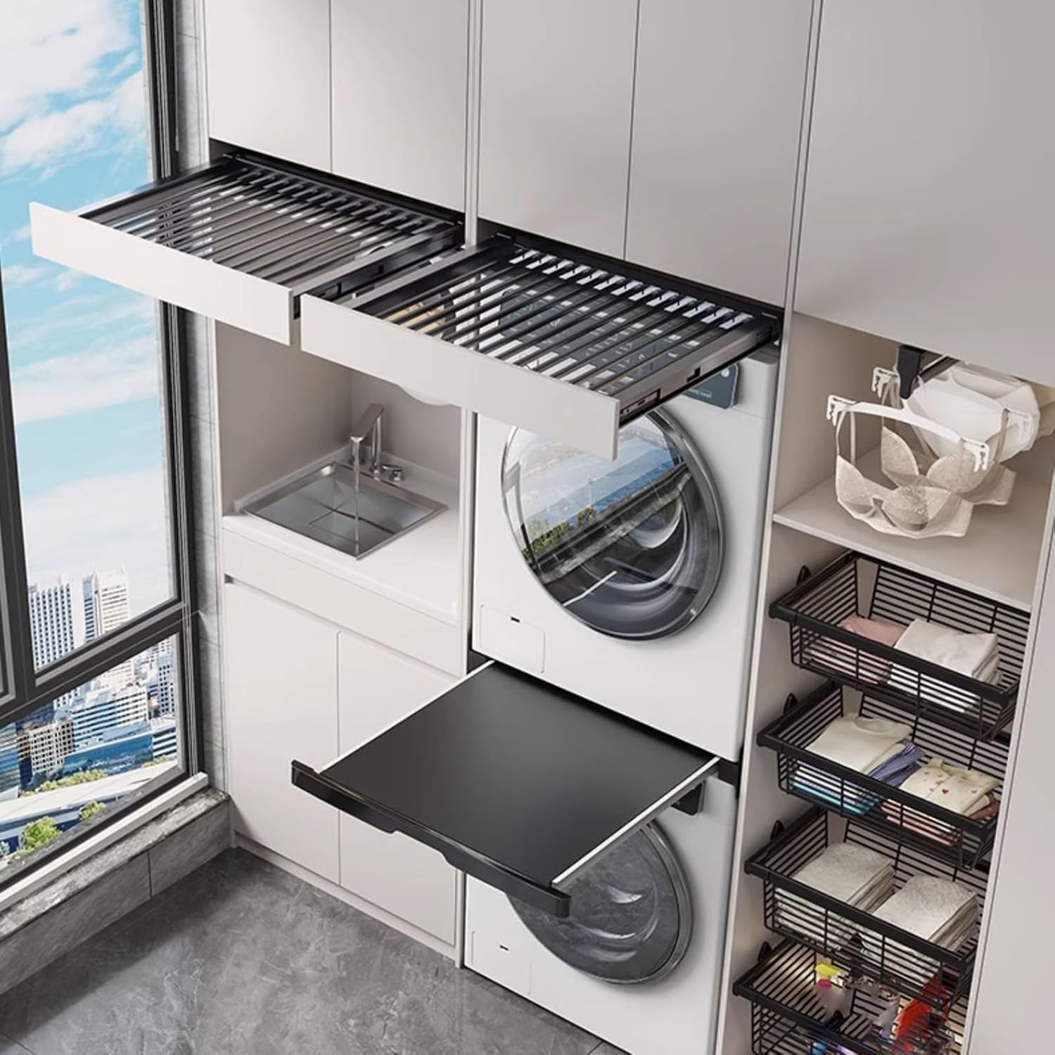 Wall-Mounted Drying Rack for Laundry, Adjustable Width, Space-Saving Solution for Hanging Clothes On Balcony,Color 1-43x86.4-91.4cm