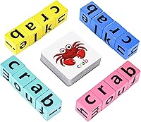 DragonflyDreams Wooden Alphabet Spelling Blocks Game - Montessori Learning Toy, Matching Letter Puzzles with Animal Cards for Kids