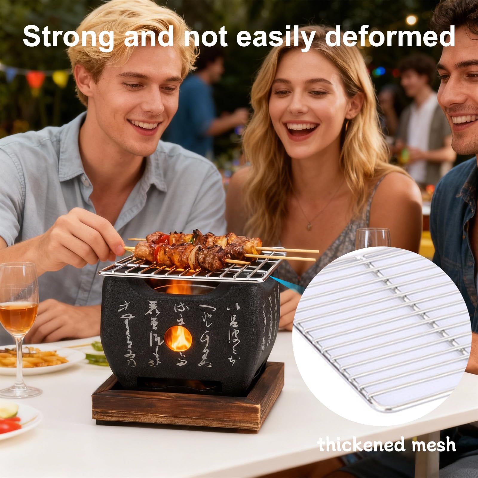 Mini Japanischer Grill aus Aluminiumlegierung, Deko-Holzkohlegrill mit japanischer Schrift, tragbarer Mini BBQ-Grill 12x12x11 cm, Stilvoller Tischgrill & Dekoration für Zuhause und Outdoor