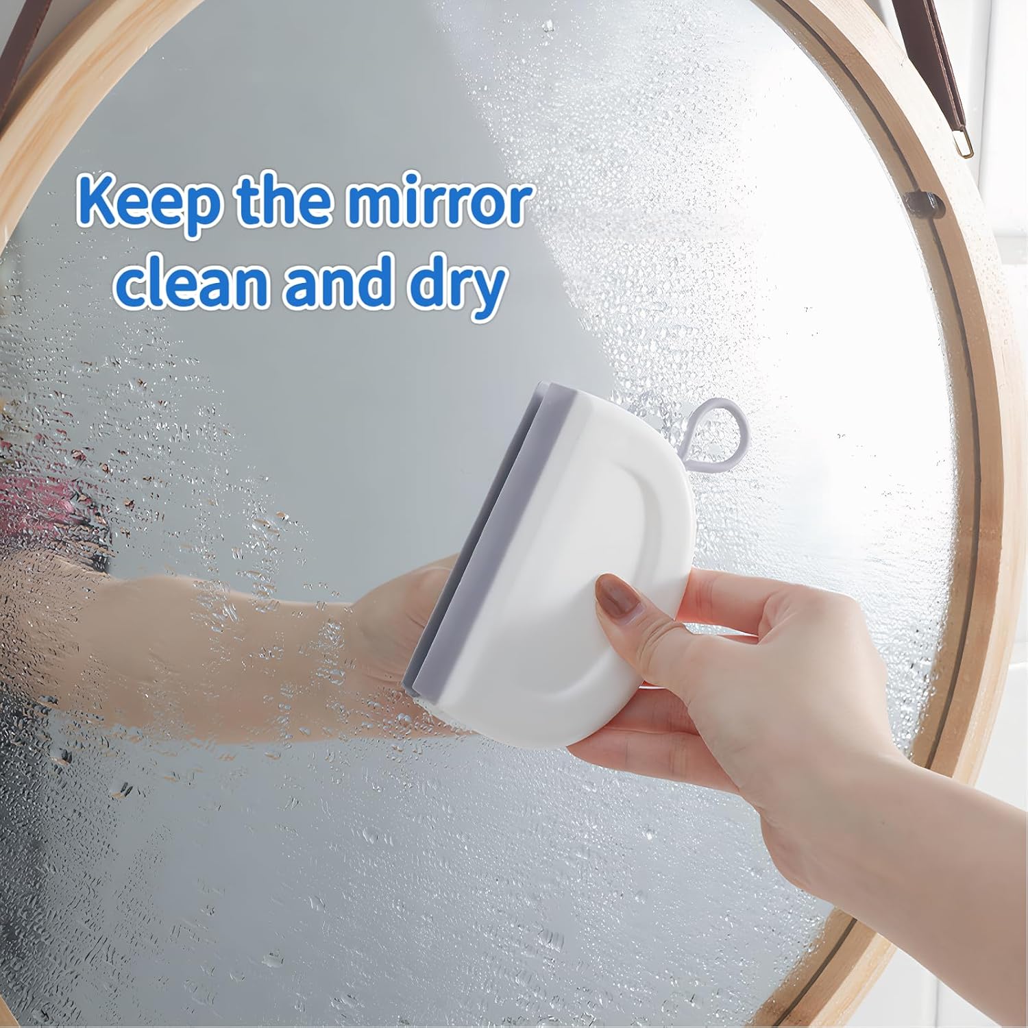2 Pack 4.25 Inch Small Squeegee, All-Purpose Shower Mirror Squeegee with 2 Adhesive Hooks, Streak-Free Silicone Blade for Bathroom Mirror Kitchen Car RV, Blue & White
