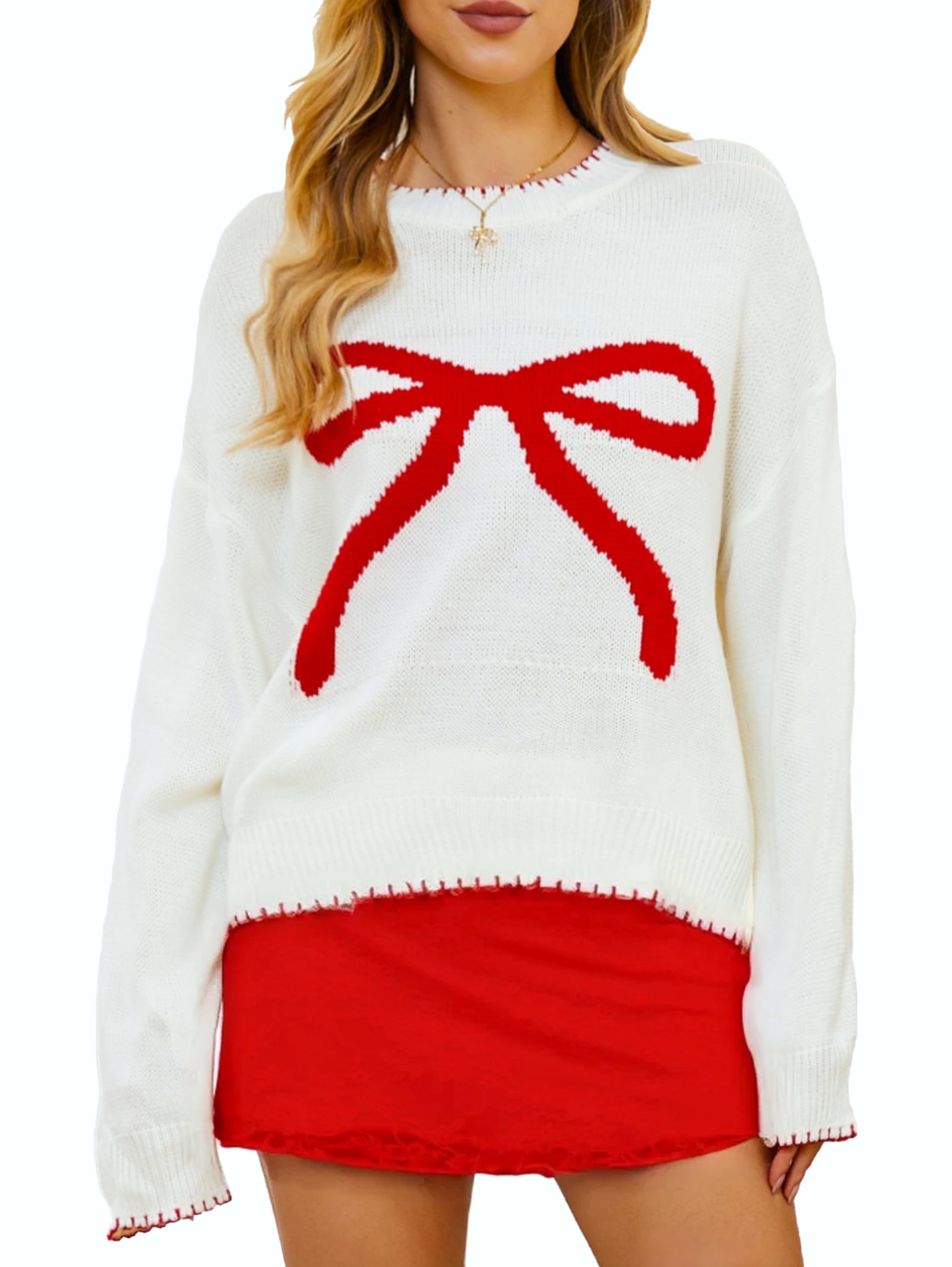 Milumia Womens Bow Print Drop Shoulder Long Sleeve Sweater Crew Neck Knit Fall Tops