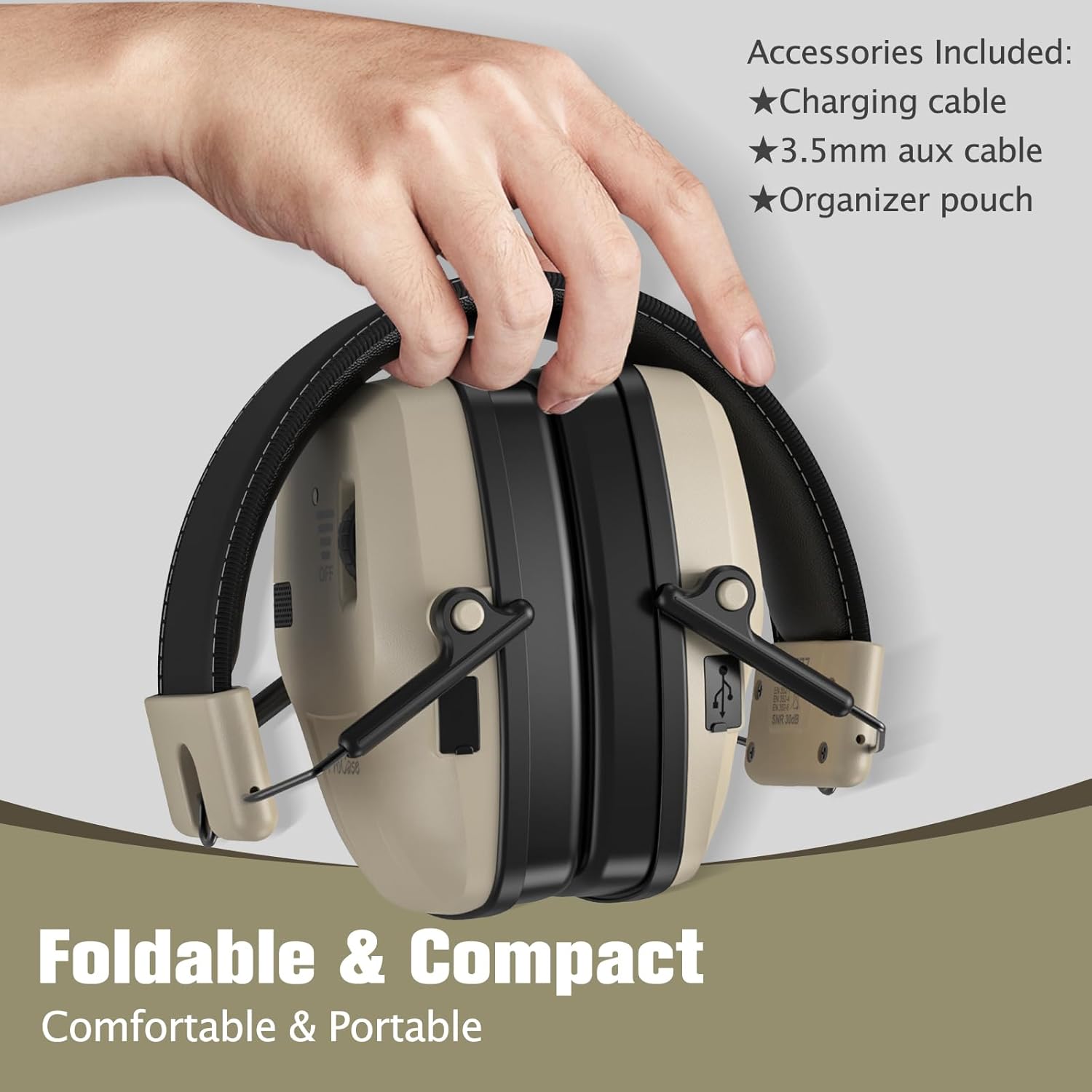 ProCase Electronic Shooting Ear Protection, Active Noise Cancelling Earmuffs NRR 22dB, Rechargeable Hearing Protection with 4X Sound Amplification for Gun Range, Hunting & Tactical Shooting -Khaki