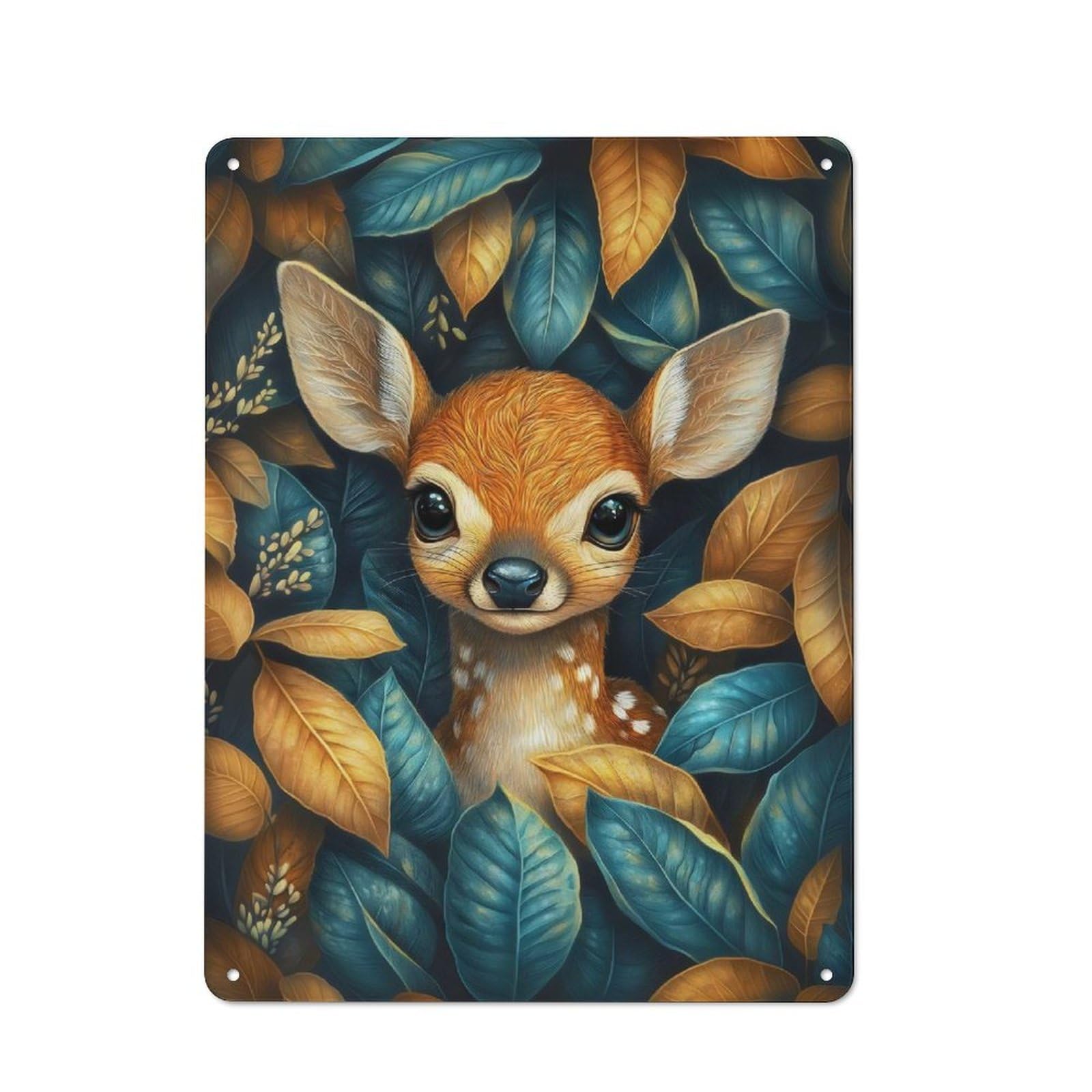 Junmoney Fawn In Autumn Leaves Tin Sign 40X30cm With For Bar Or Restaurant, Retro Decor, For Garage, Workshop And Man Cave Decoration
