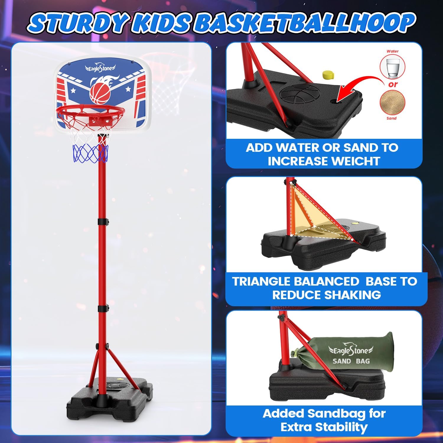 EagleStone Kids Basketball Hoop with Stand, Adjustable Height Basketball Set Toddler Toys for Boys and Girls Age 3-12, Indoor Outdoor Backyard Sport Game Gift with Sandbag for Stability