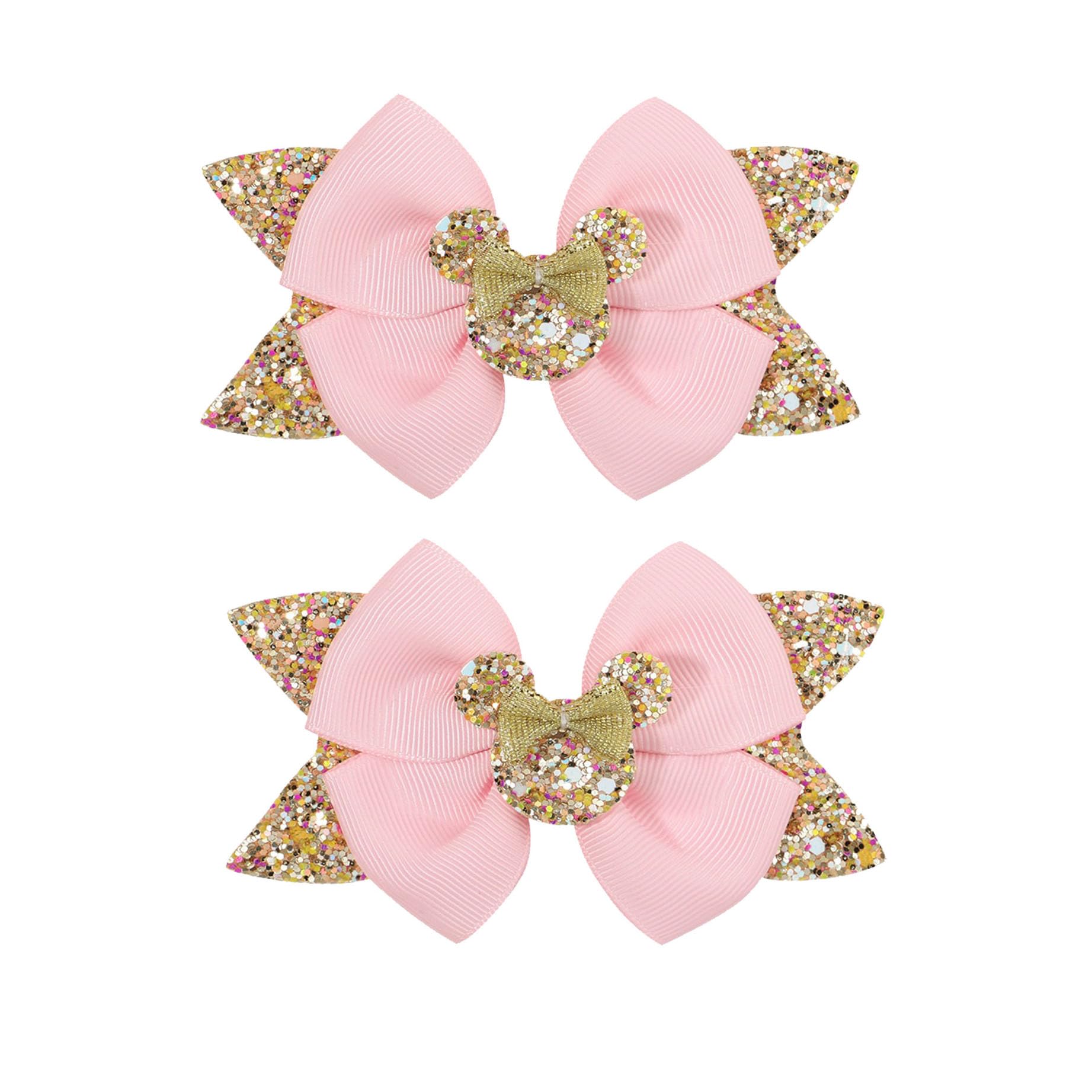 4.5 Inch Cute Mouse Ears Sequins Bows Hair Clips For Baby Girls, Toddler, Kids and Young Women Birthday Party Wedding Christmas Occasions Set of 2 (B- Gold Pink)