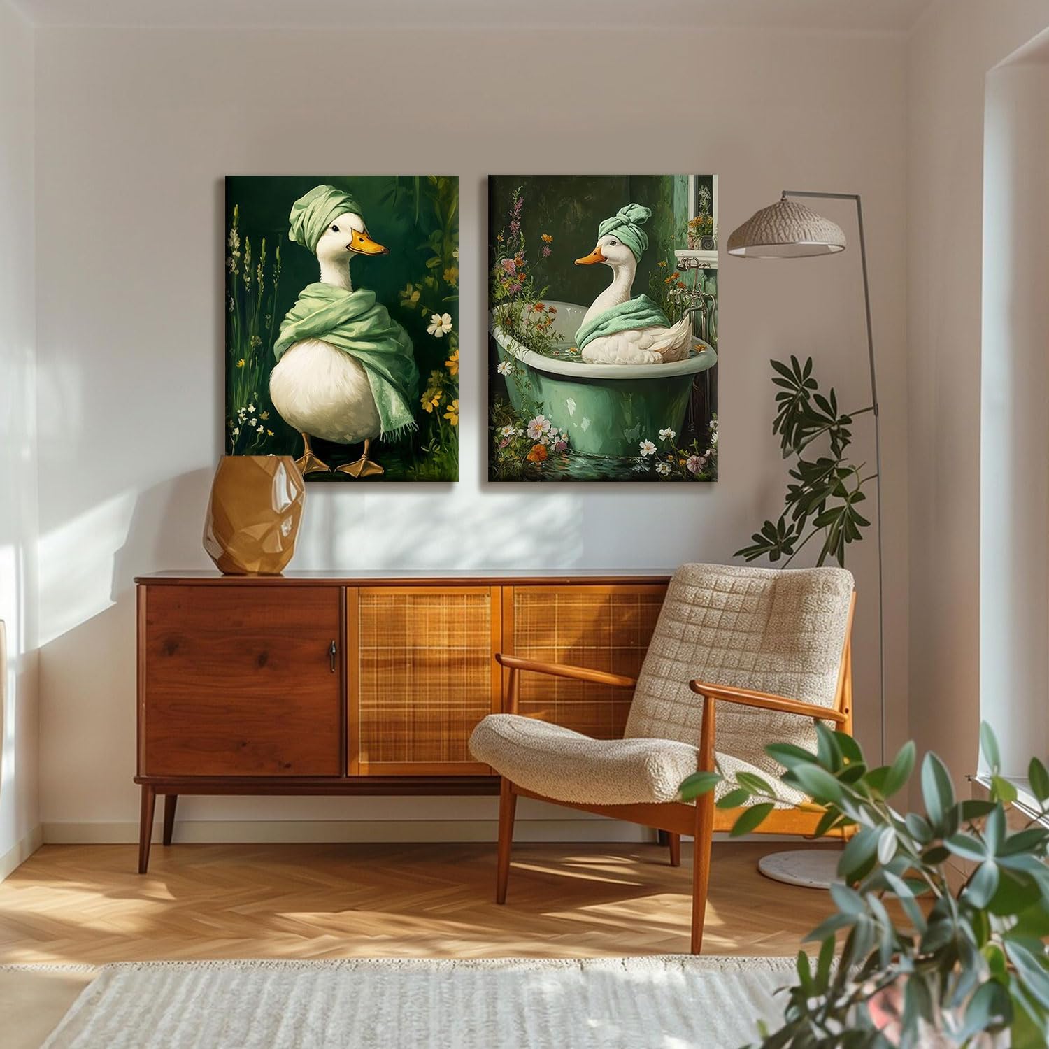 2 Pcs Dark Green Duck Canvas Wall Art Botanical Moody Wildflowers Posters Print Spa Duck in Bathtub Pictures Artwork Vintage Floral Wall Paintings for Bathroom Toilet Restroom Decor 16x24 Inch