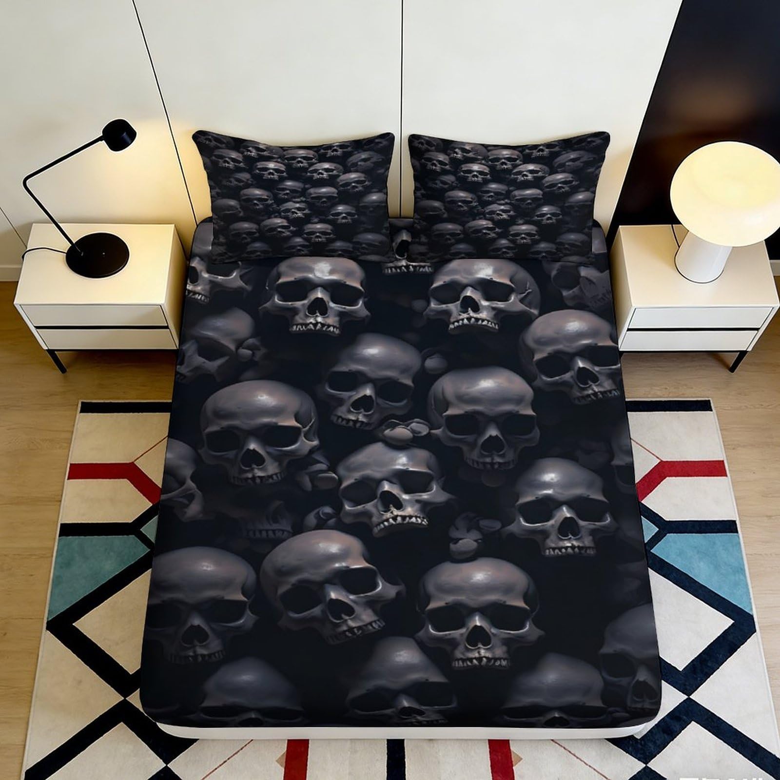 Jqzkxnhpbr Style-6 3D Printed Dark Skull Fitted Sheet Microfiber Soft Gothic Black Bed Cover For Bedroom Guest Room Decor Protection 90X200x25cm